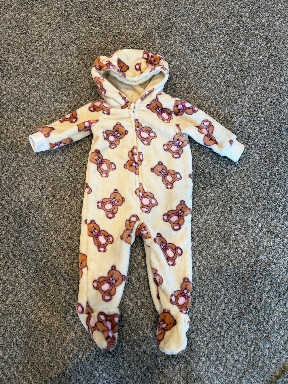 btween Cream Teddy-Print Fleece Footie with Hood